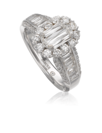 Timeless diamond engagement ring with baguette and round diamond setting set in 18K white gold